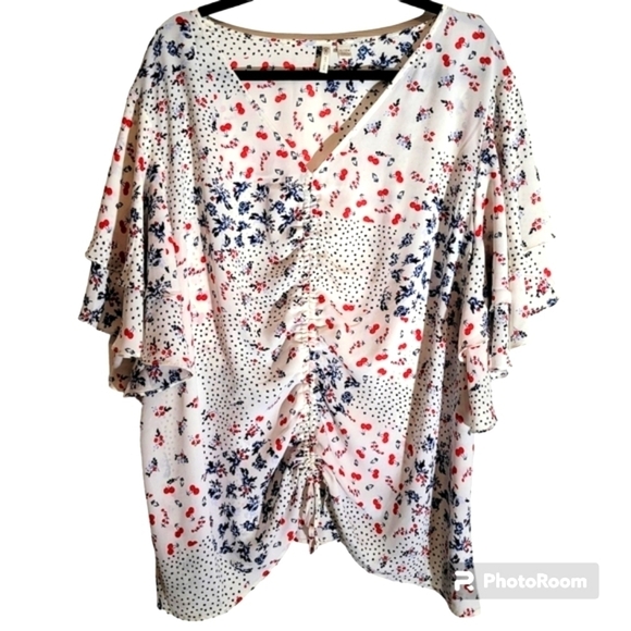 Cato Size 26/28 Red White Blue Cinch Adjustable Front Short Sleeve Blouse - Picture 1 of 2
